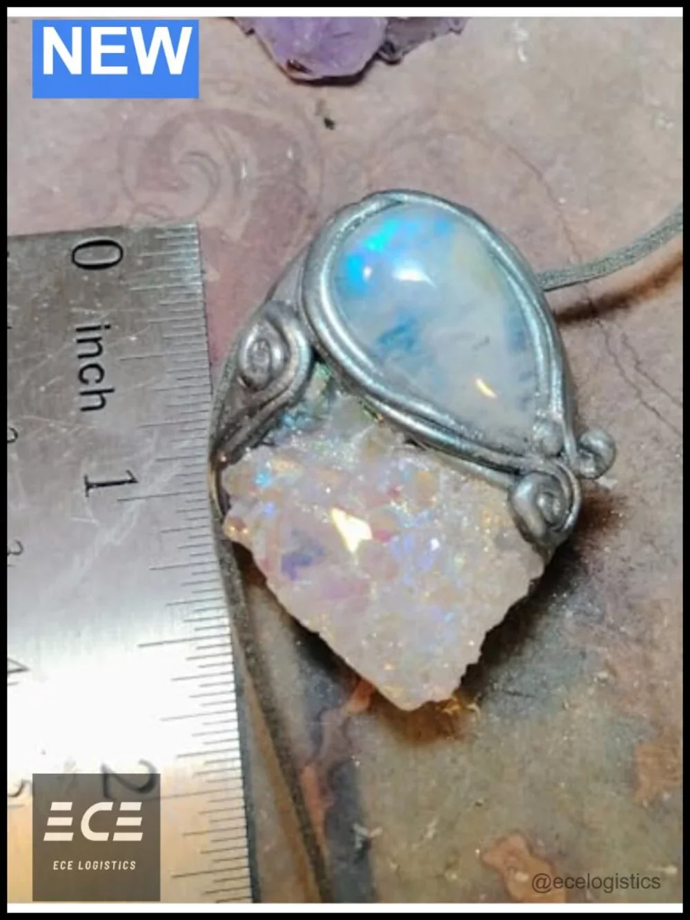 Hand Sculpted Guardian Angel Necklace Rainbow Moonstone Aura Quartz Pendant